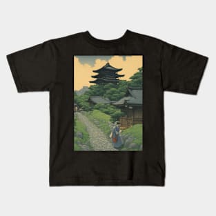 a beautiful timple kawase hasui style art japan Kids T-Shirt